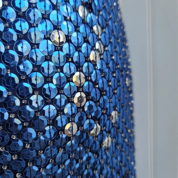 Cache Womens Sequin Blue Silver Maxi Formal Dress Prom Queen Slit Open Back Sz 4 - Picture 13 of 16